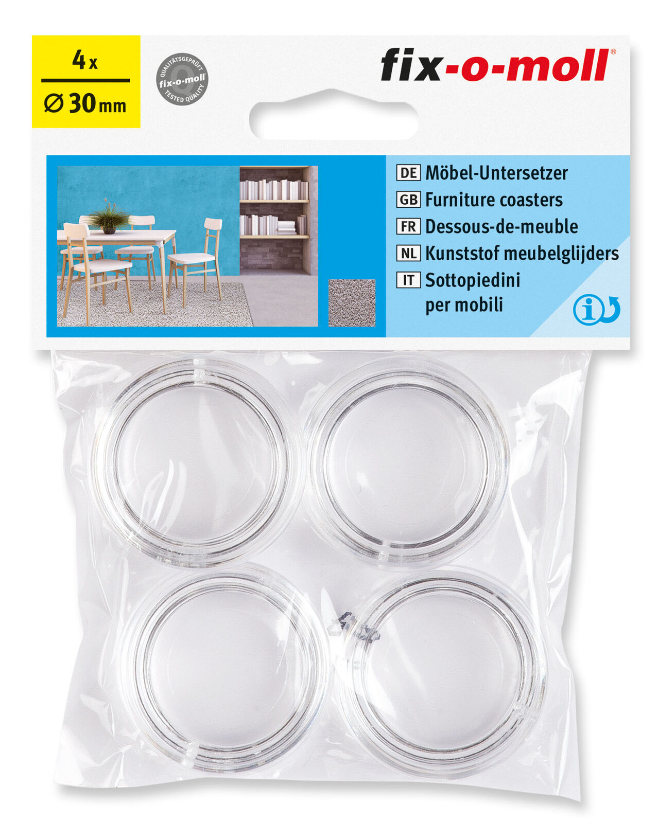 FIX 4 FURNITURE COASTERS CLEAR 30MM