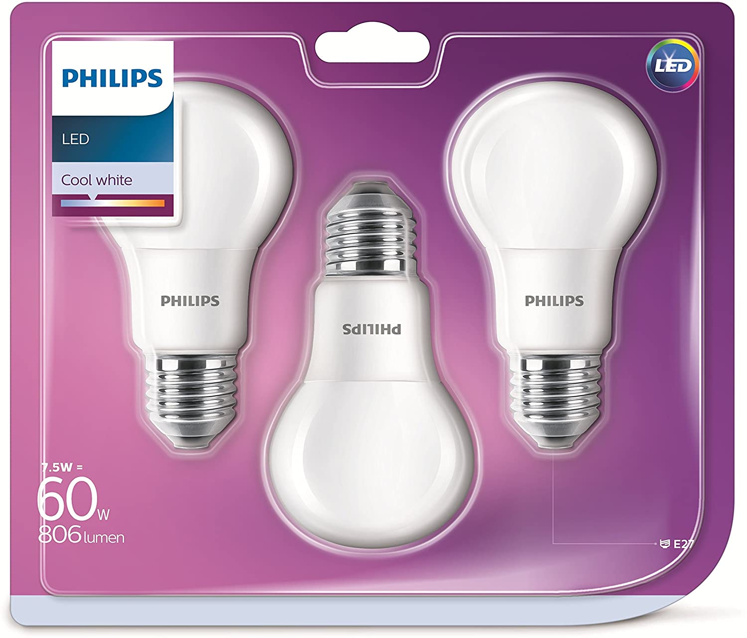 PHILIPS LED 60W A60 CW 230V X3