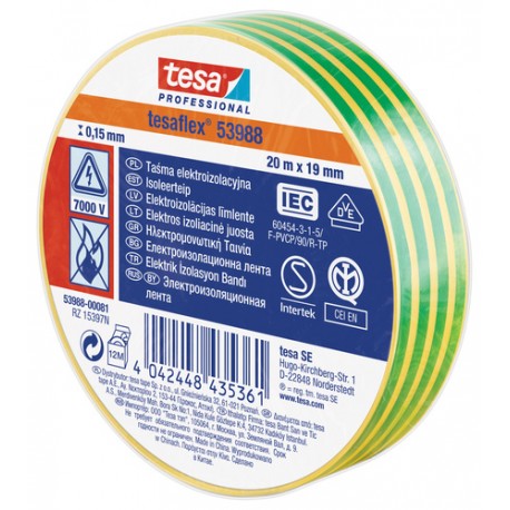 TESA INSULAT TAPE 20MX19MM GREEN/YELLOW 