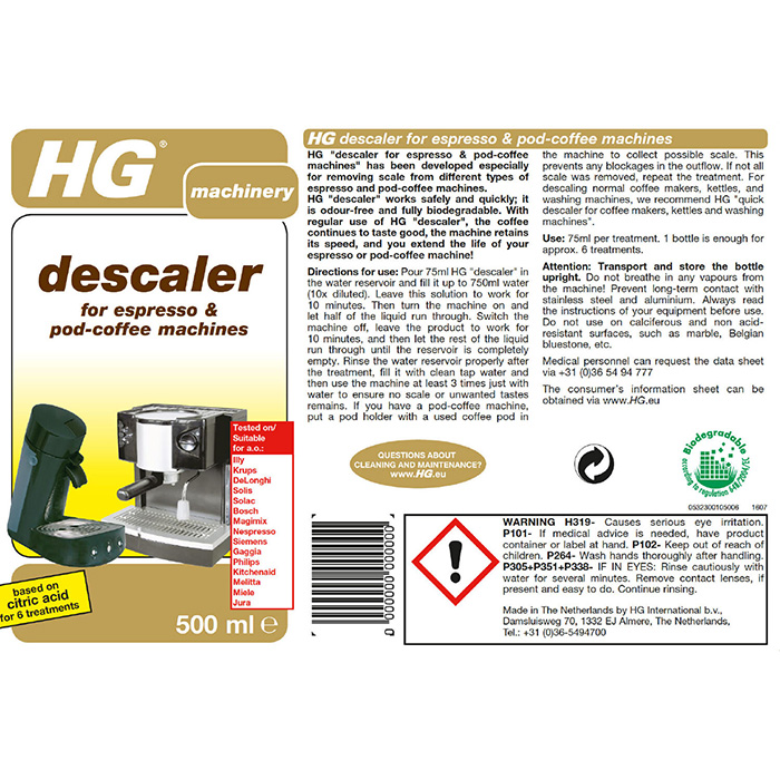 HG DESCALER FOR ESPRESSO & COFFEE PADS MACHINES 500ML