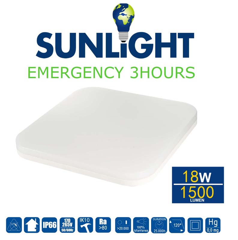 SUNLIGHT LED 18W EMERGENCY LIGHT SQUARE 1500LM 4000K IP66 280MM