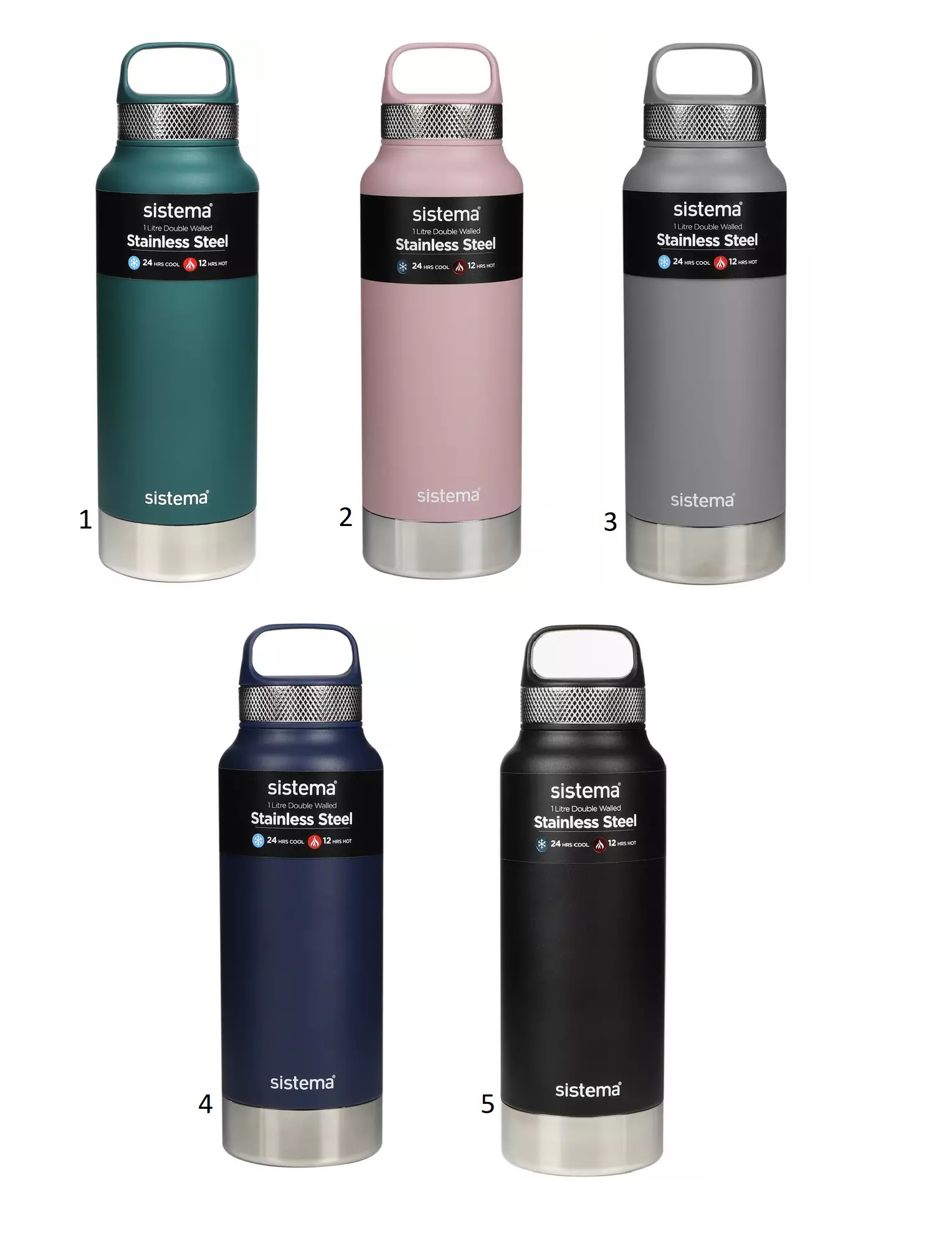 SISTEMA HYDRATION BOTTLE STAINLESS STEEL 1L 5 ASSORTED COLORS