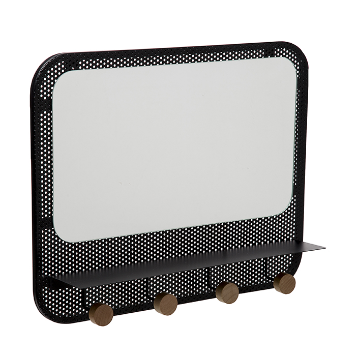 5FIVE 173672 WALL MIRROR BLACK METAL + 4 WOODEN  HOOK HEADS