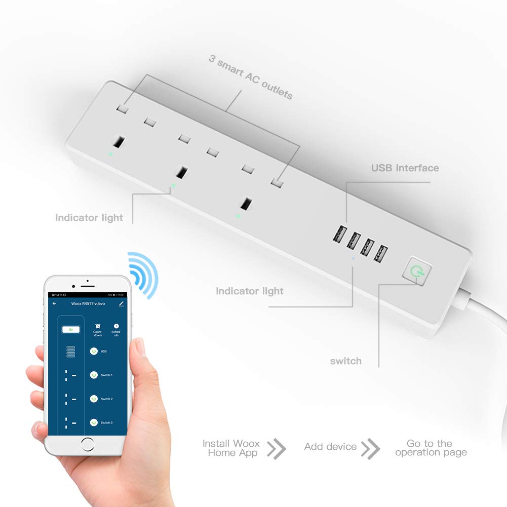 WOOX R4517 WI-FI SMART POWERSTRIP 3XUK OUTLET & 4XUSB 5V/4A