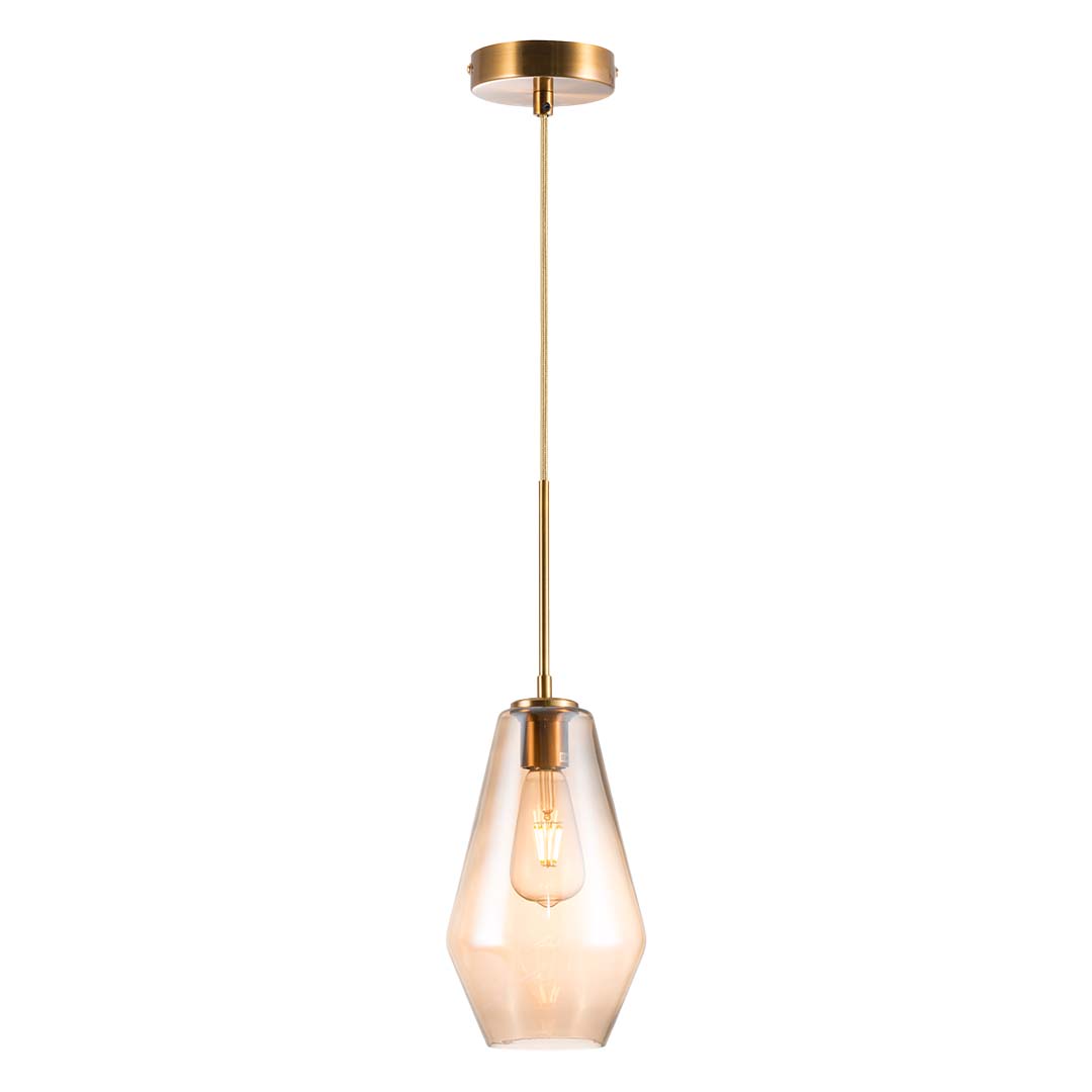 SUNLIGHT 'AIDAN' 1xE27 (MAX.40W) PENDANT LIGHT BRASS+AMBER GLASS Ø170xH1200MM