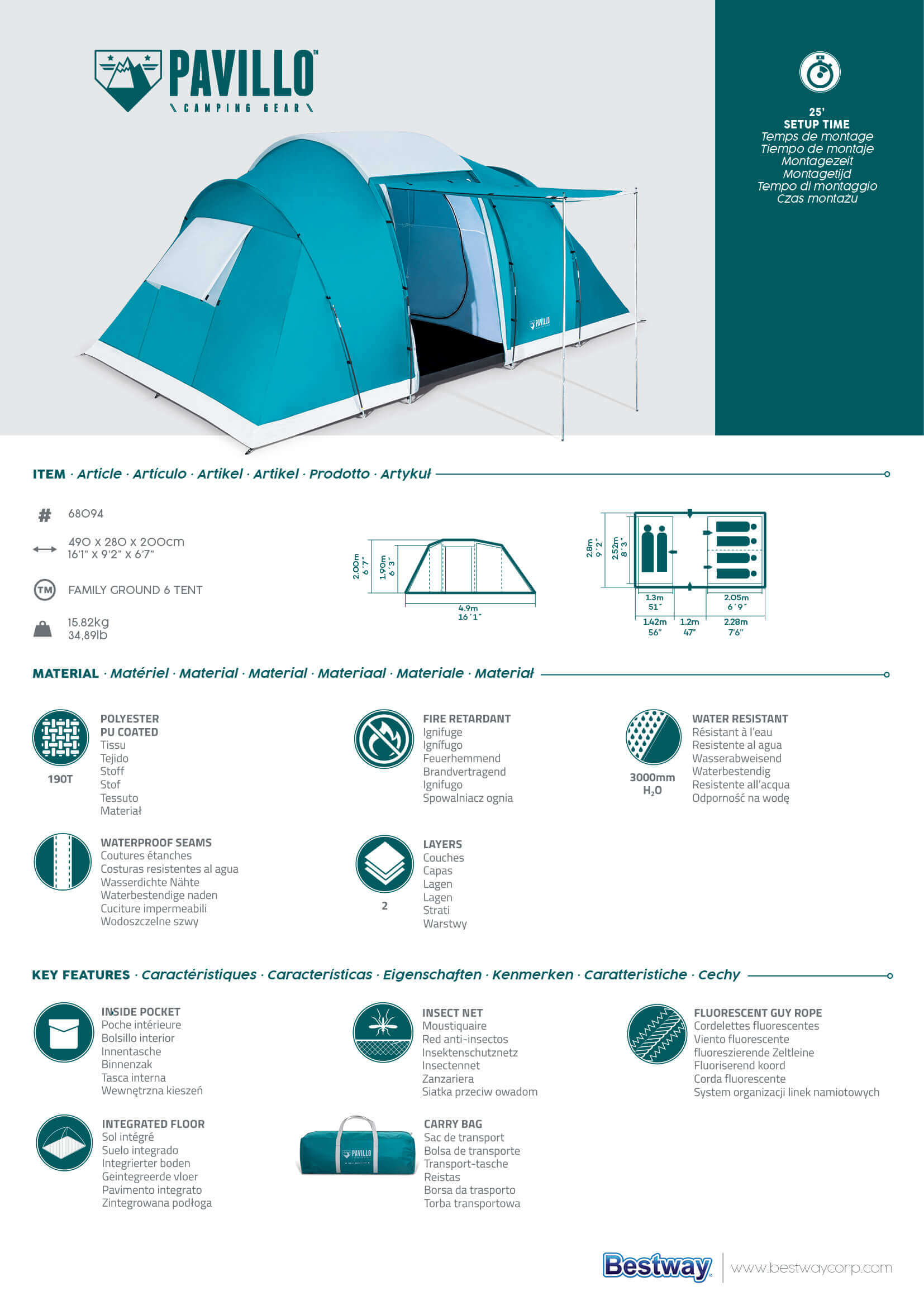 BESTWAY 68094 FAMILY GROUND 6 PERSONS TENT 490X280X200CM