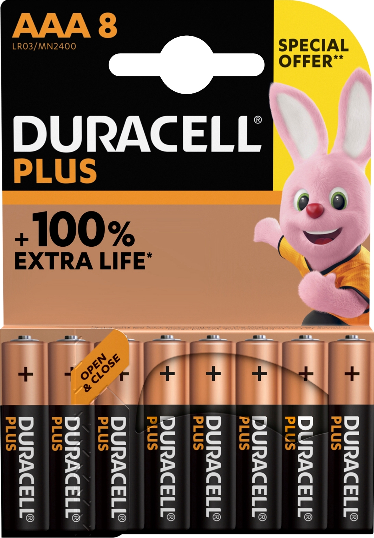 DURACELL PLUS 100% EXTRA LIFE ALKALINE POWER AAA PACK OF 8