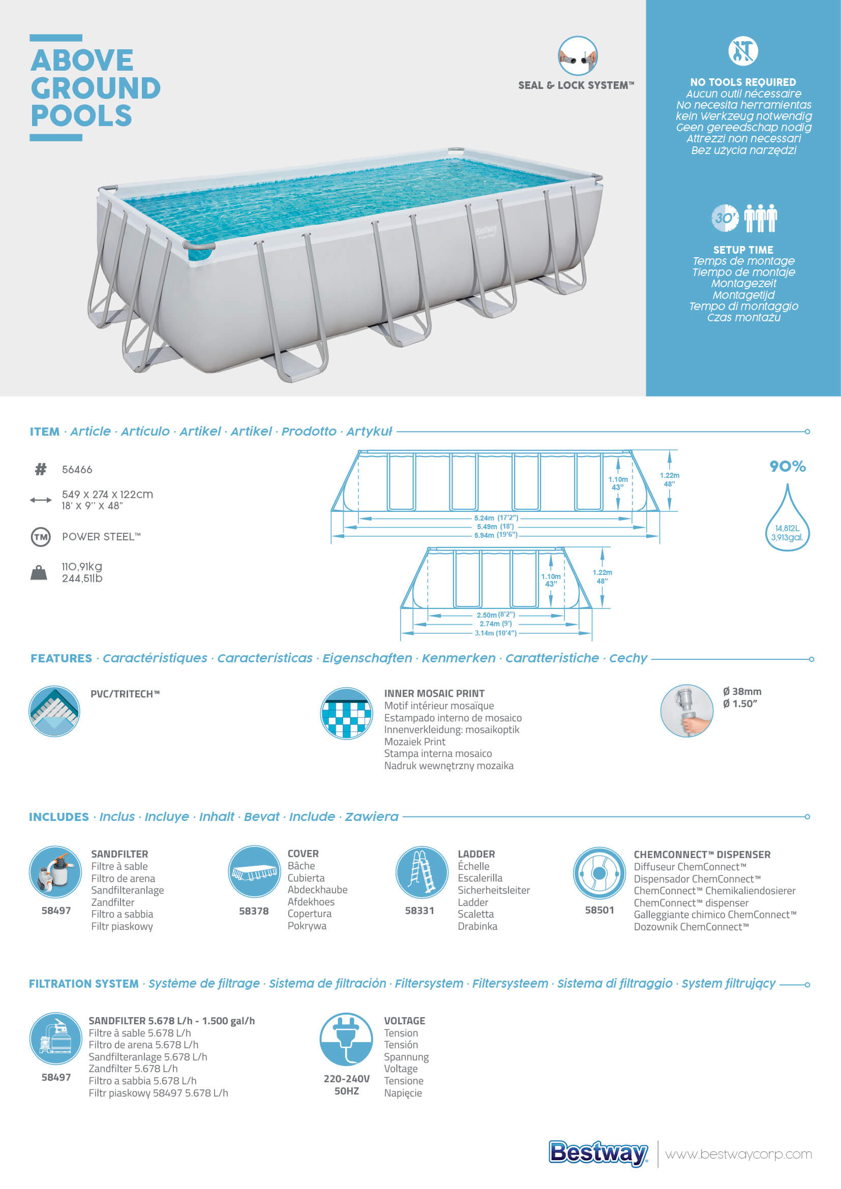 BESTWAY 56466 POWER STEEL FRAME RECTANGULAR POOL 549X274X122CM SA