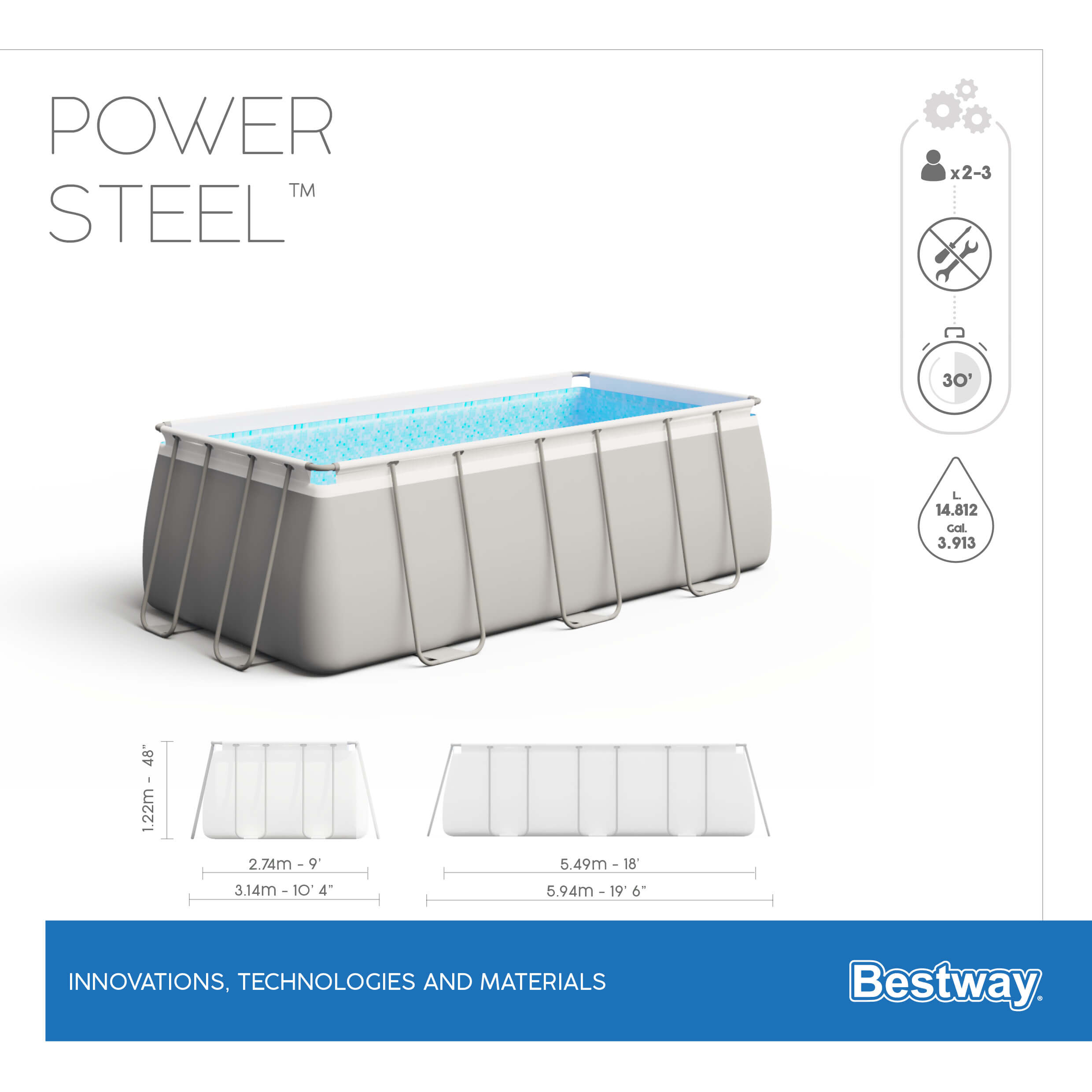 BESTWAY 56466 POWER STEEL FRAME RECTANGULAR POOL 549X274X122CM SA