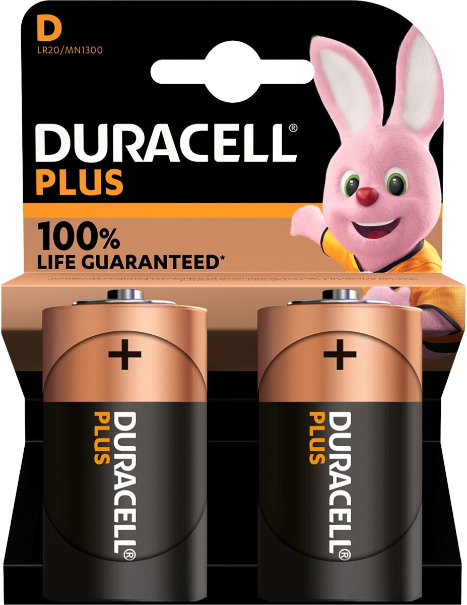 DURACELL PLUS 100% EXTRA LIFE ALKALINE POWER PLUS D PACK OF 2