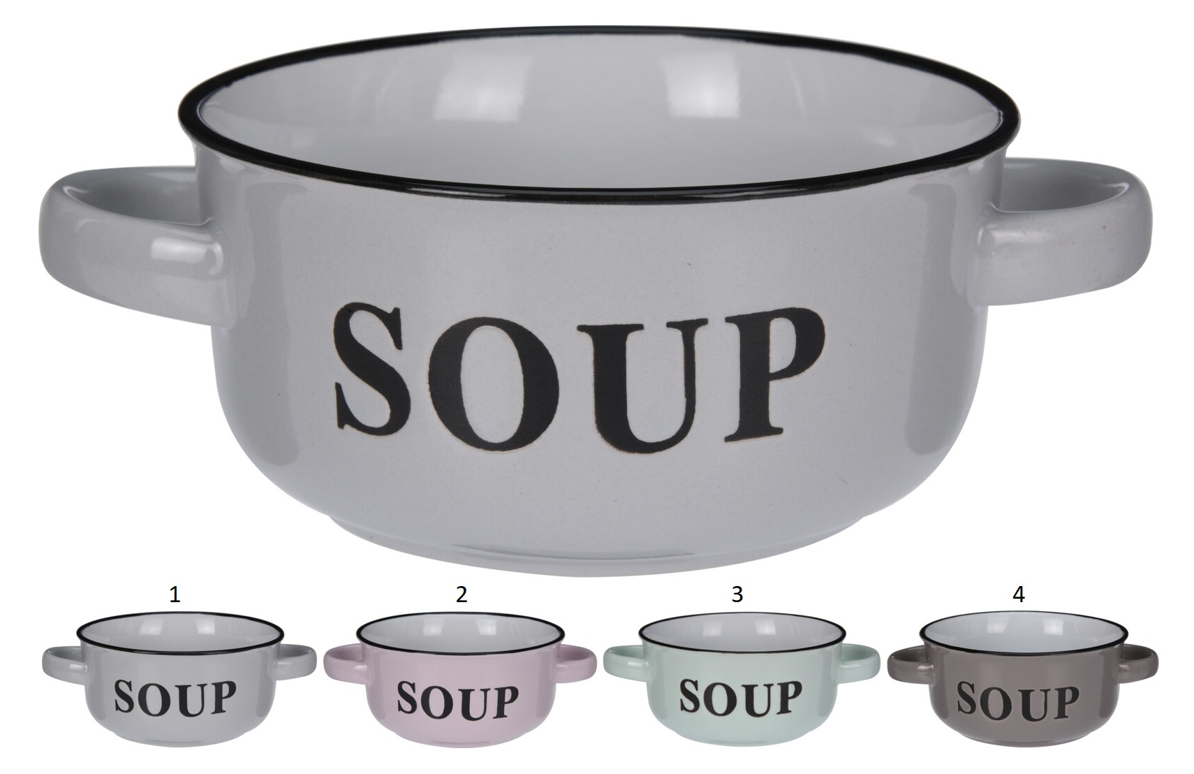 SOUP BOWL WITH HANDLES 4 ASSORTED COLORS