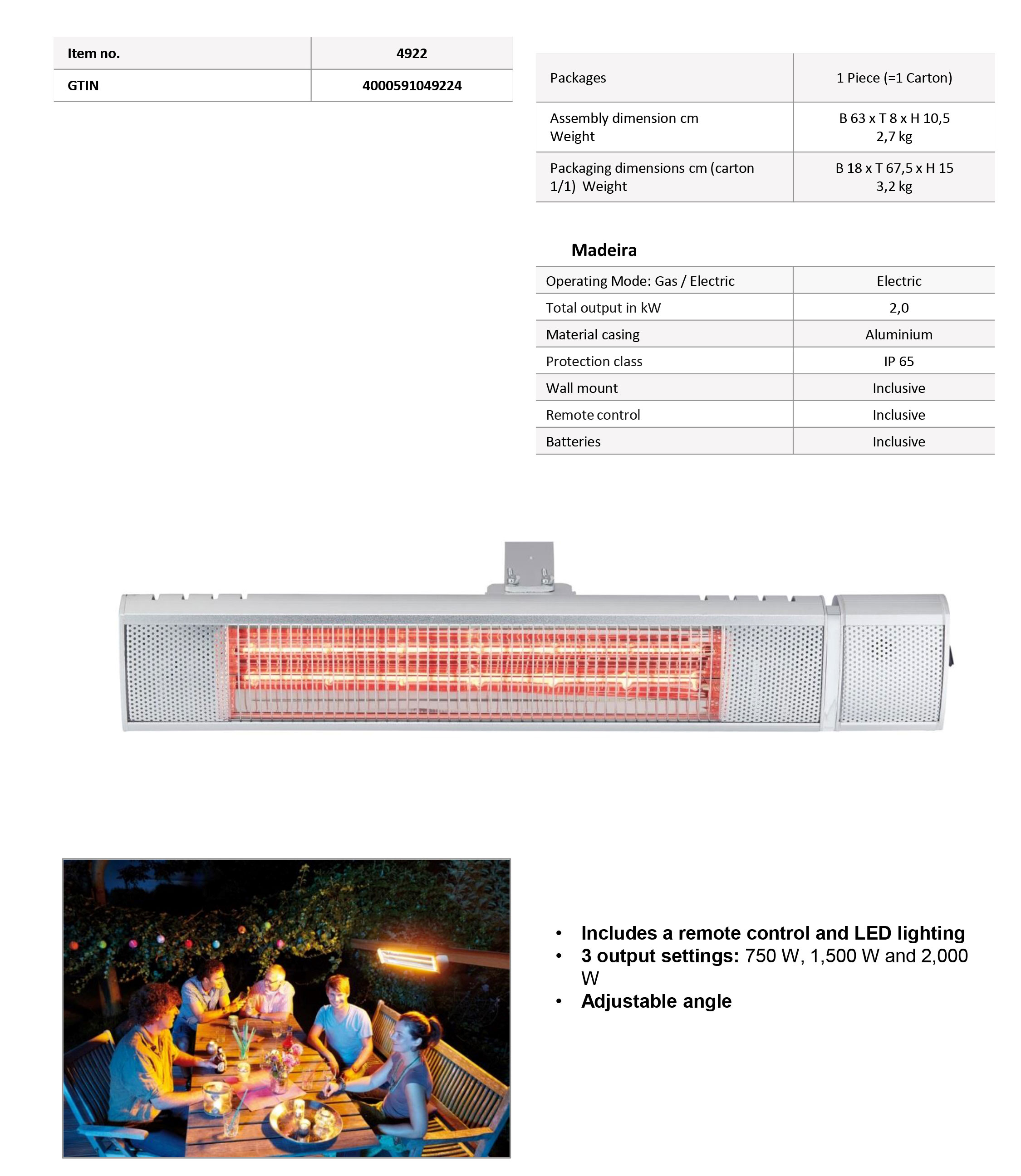 ENDERS MADEIRA WALL RADIANT OUTDOOR HEATER IP65 2KW