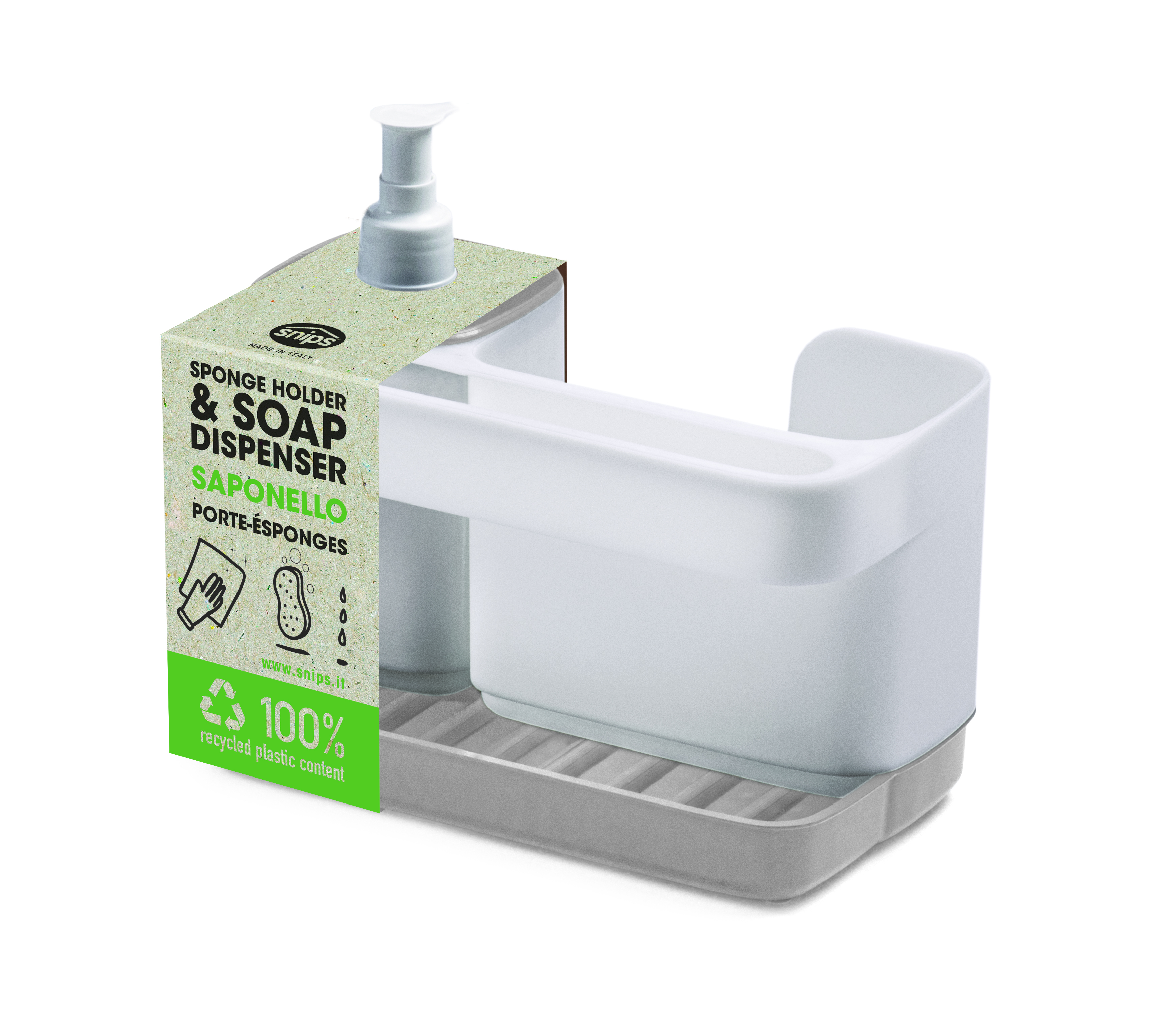 SNIPS RECTANGLE SPONGE HOLDER WITH DISPENSER - WHITE /GREY