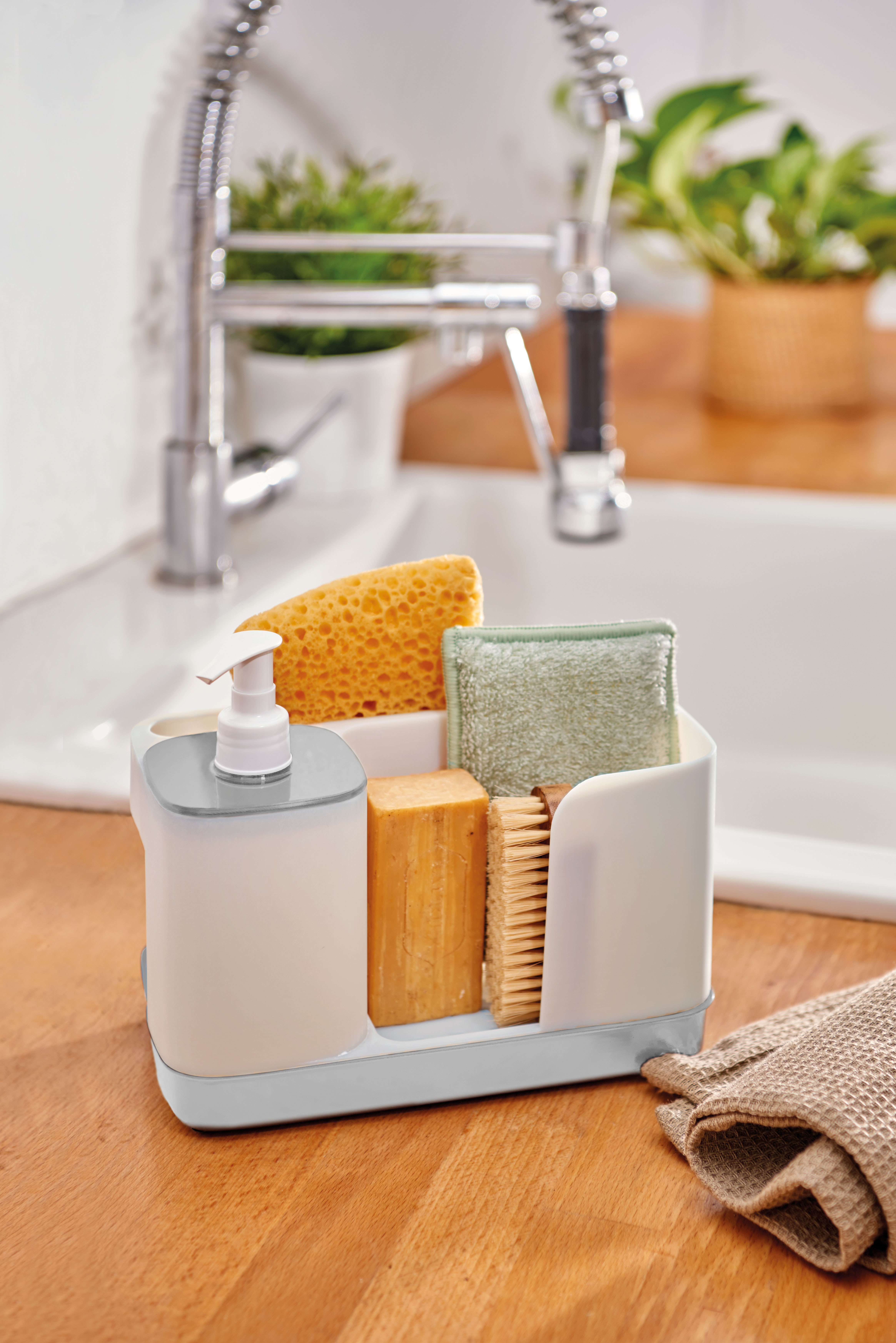 SNIPS RECTANGLE SPONGE HOLDER WITH DISPENSER - WHITE /GREY