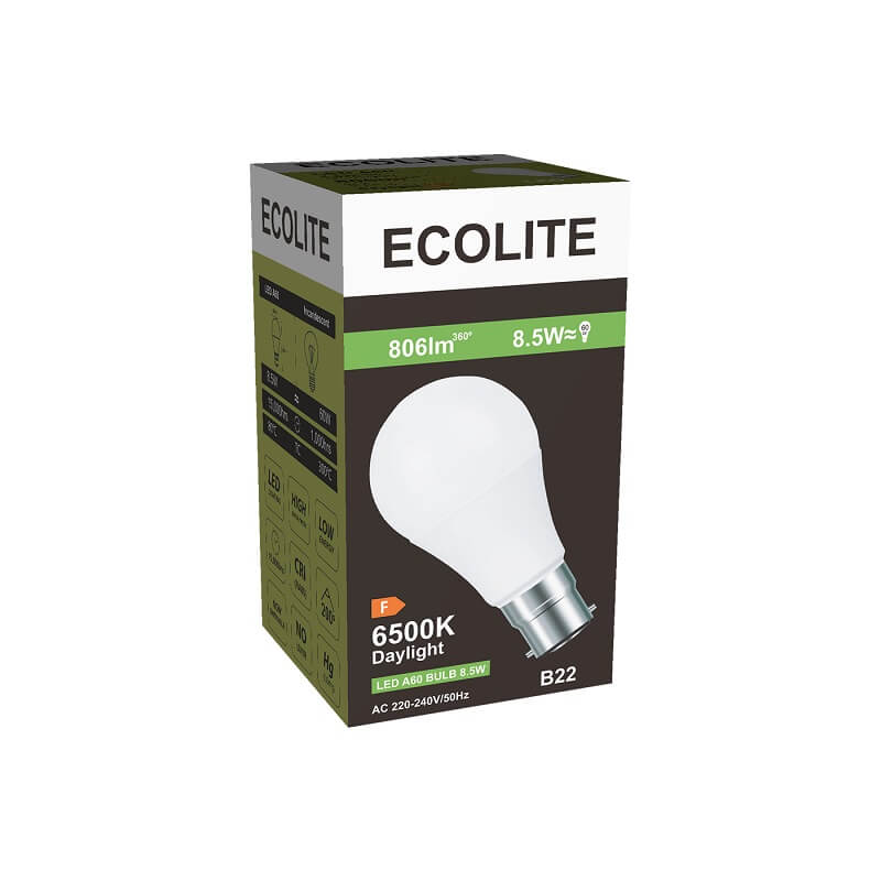 ECOLITE LED 8.5W A60 LAMP B22 806LM 6500K FROSTED