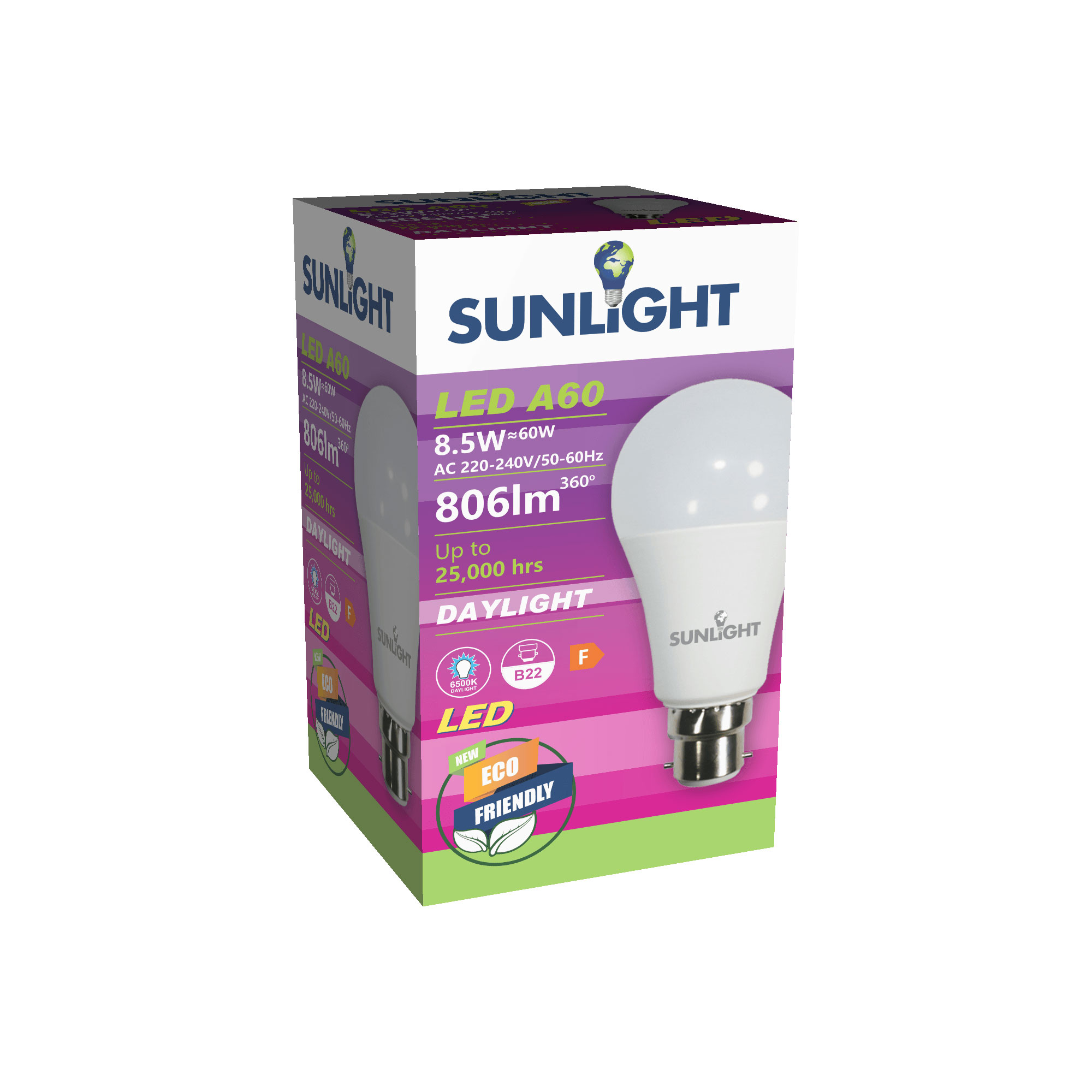 SUNLIGHT LED 8.5W A60 LAMP B22 806LM 6500K FROSTED