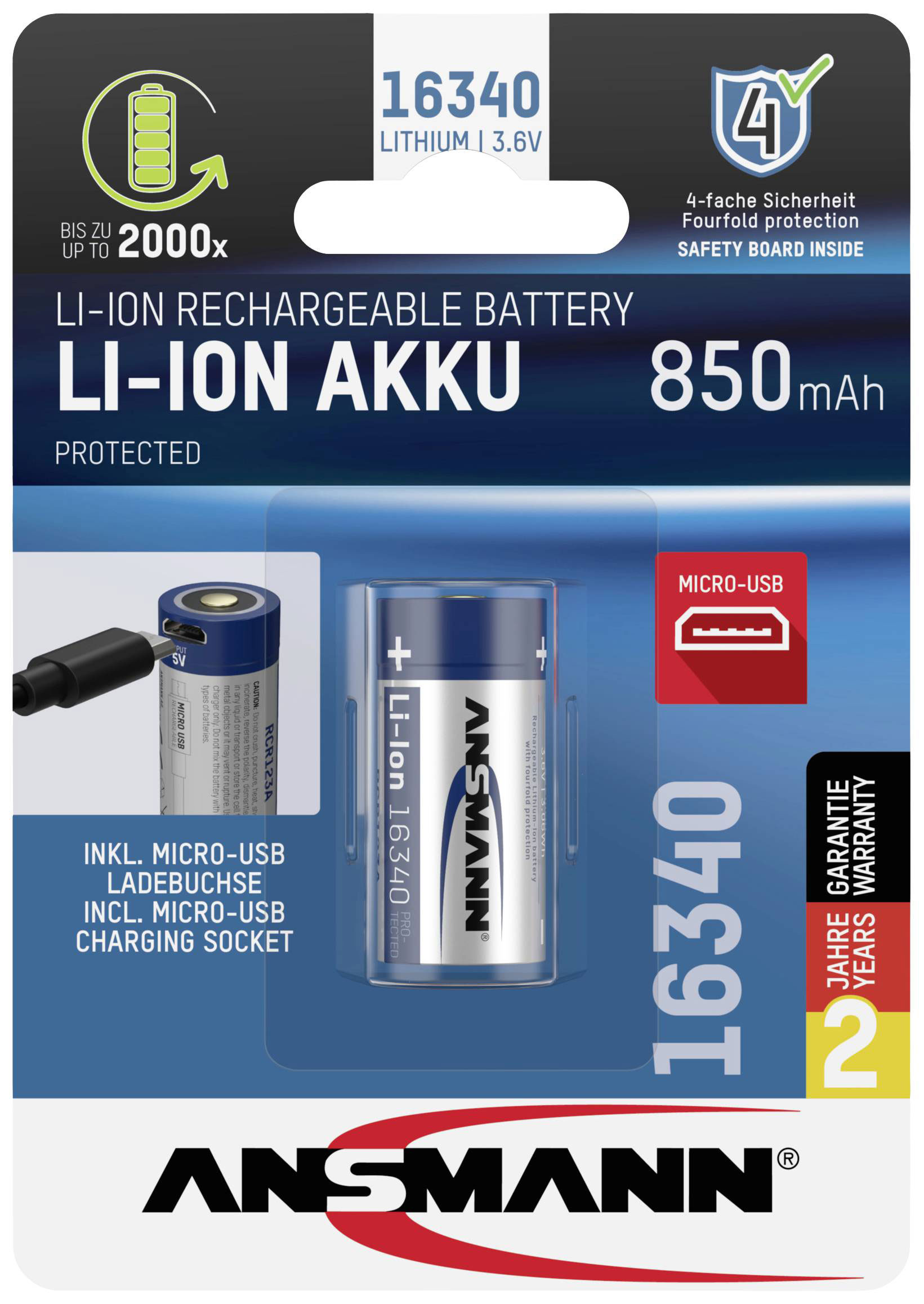 ANSMANN CR123A LI-LION ΕΠΑΝΑΦΟΡΤΙΖΟΜΕΝΗ ΜΠΑΤΑΡΙΑ 850MAH 3.6V