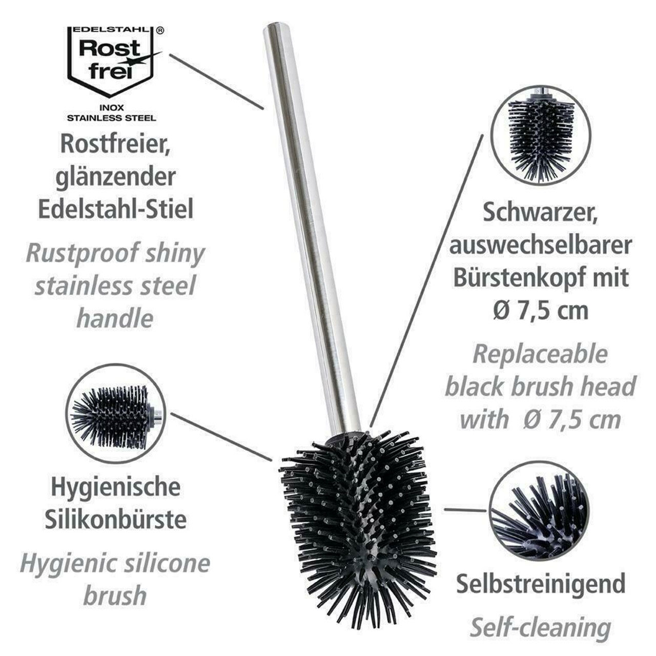 WENKO SILICONE REPLACEMENT BRUSH STAINLESS STEEL HANDLE BLACK