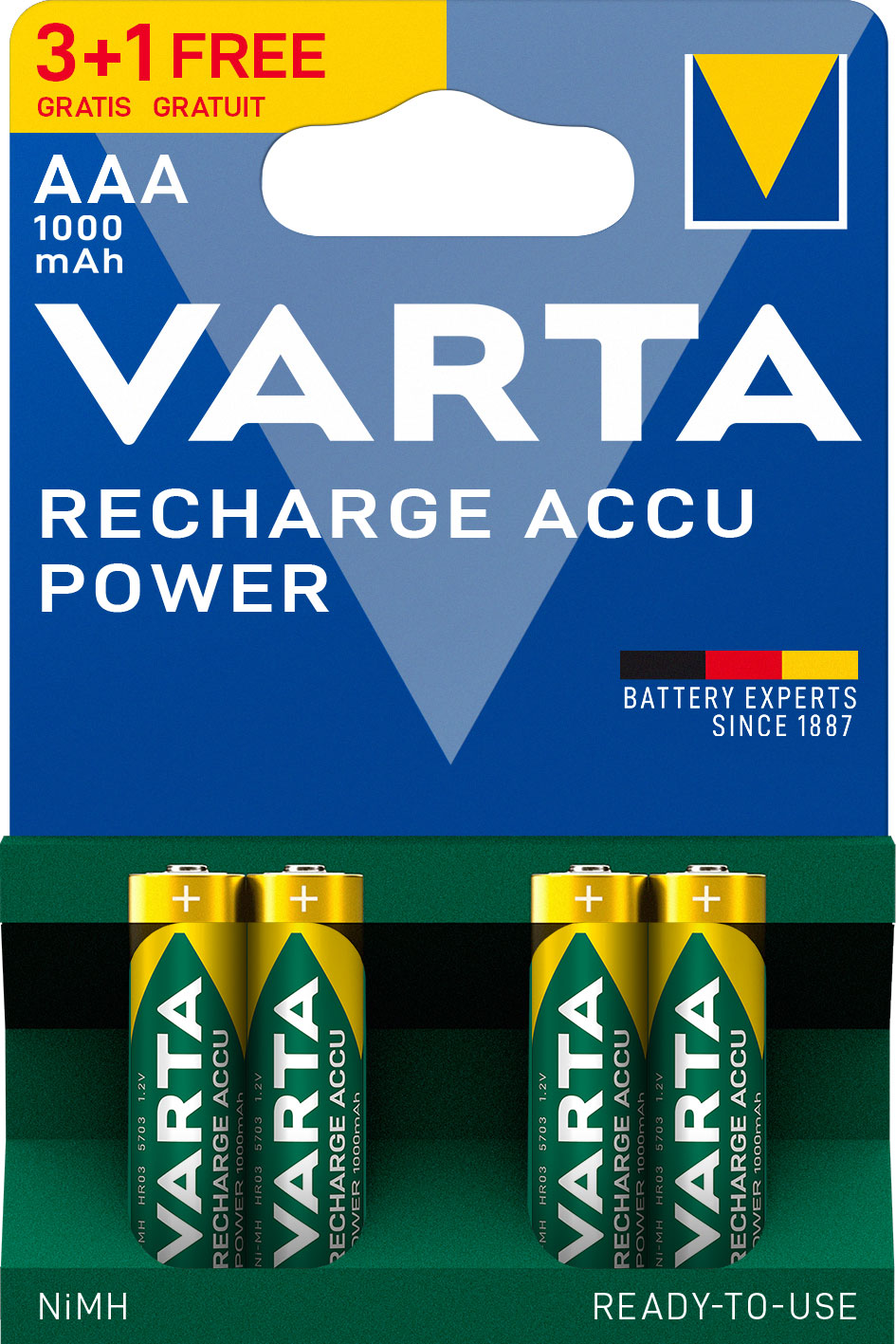 VARTA RECHARGE ACCU POWER PRE-CHARGED RECHARGEABLE BATTERIES AAA 3+1 PACK 1000MAH