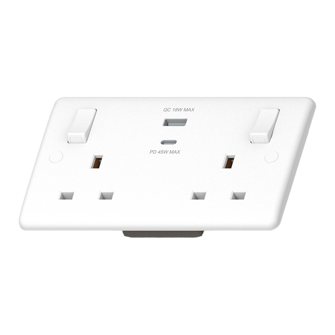 POWERLINK ACCESSORIES 13A SP 2-GANG SWITCHED SOCKET WITH USB-C 45W PD FAST CHARGE + USB-A 18W QC WH