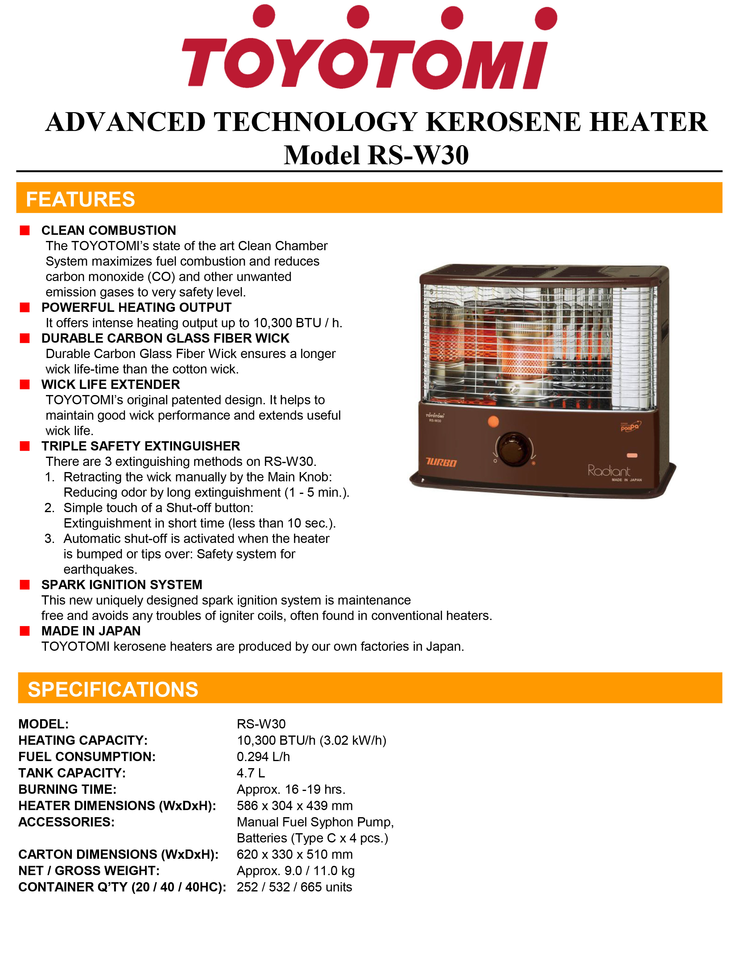 TOYOTOMI RSW30 KEROSENE HEATER 10,300BTU/h