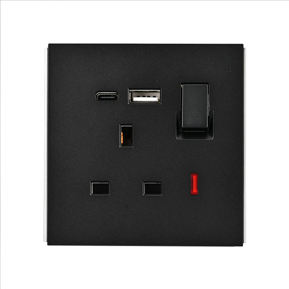 POWERLINK ACCESSORIES 13A DP BS ΜΟΝΗ ΠΡΙΖΑ ΜΕ ΦΩΤΙΖΟΜΕΝΟ NEON + USB A + TYPE C 5V 2100mA ΜΑΥΡΗ ΜΑΤ