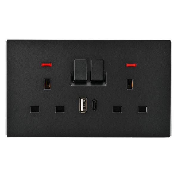 POWERLINK ACCESSORIES 13A DP BS ΔΙΠΛΗ ΠΡΙΖΑ ΜΕ ΦΩΤΙΖΟΜΕΝΟ NEON + USB A + TYPE C 5V 2100mA ΜΑΥΡΗ ΜΑΤ