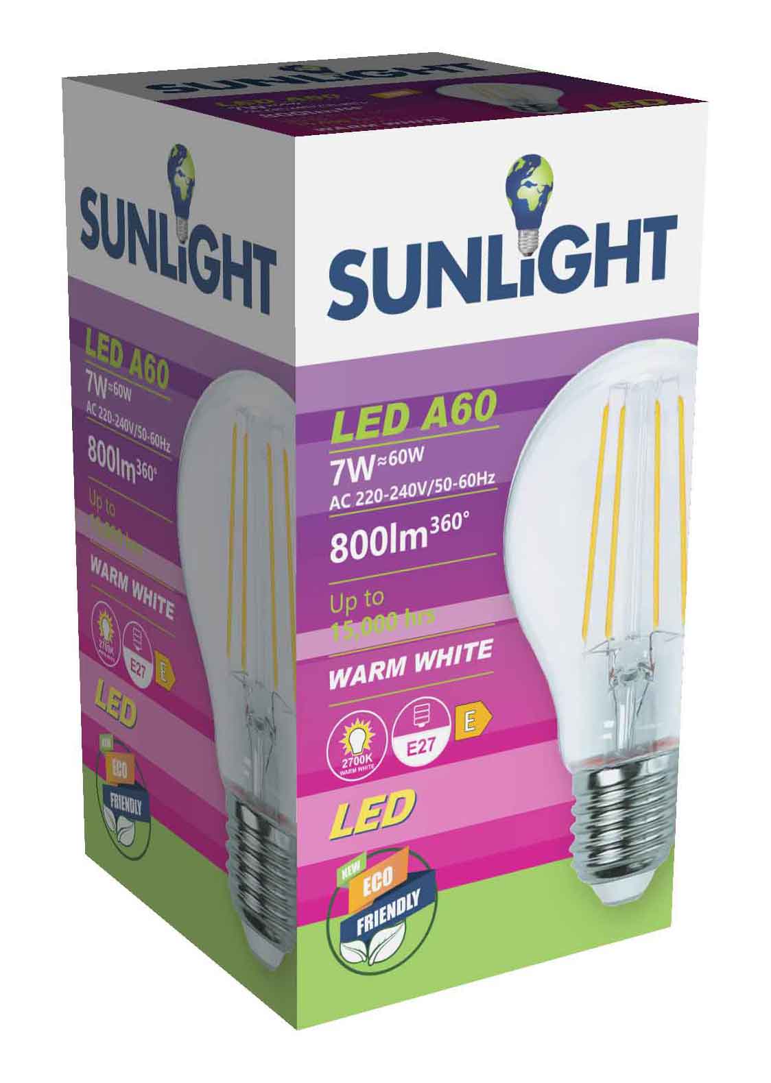 SUNLIGHT 'FILAMENT' LED 7W A60 LAMP E27 800LM 2700K CLEAR