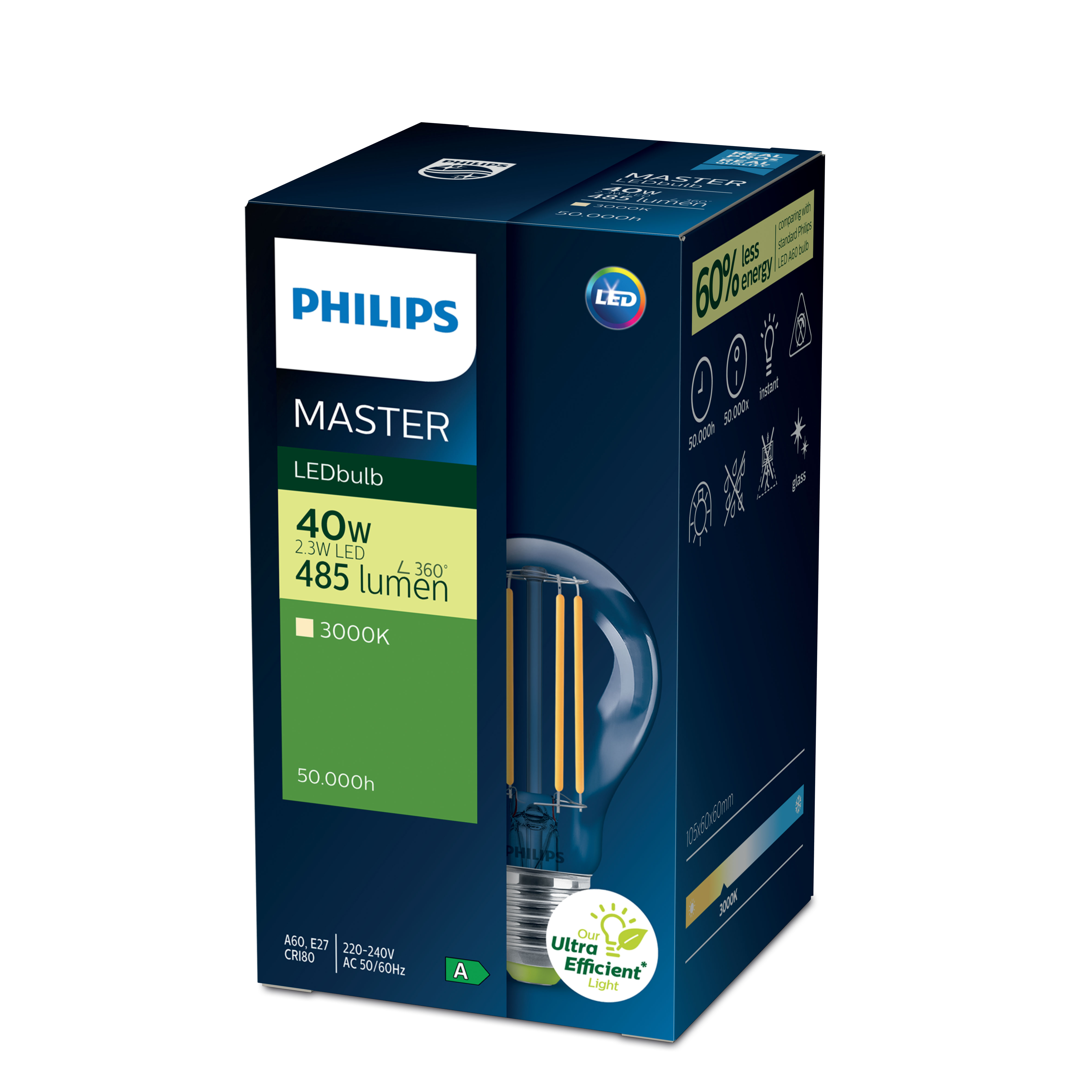 PHILIPS ΛΑΜΠΤΗΡΑΣ MASTER ULTRA EFFICIENT LED BULB 2.3W-40W E27 830