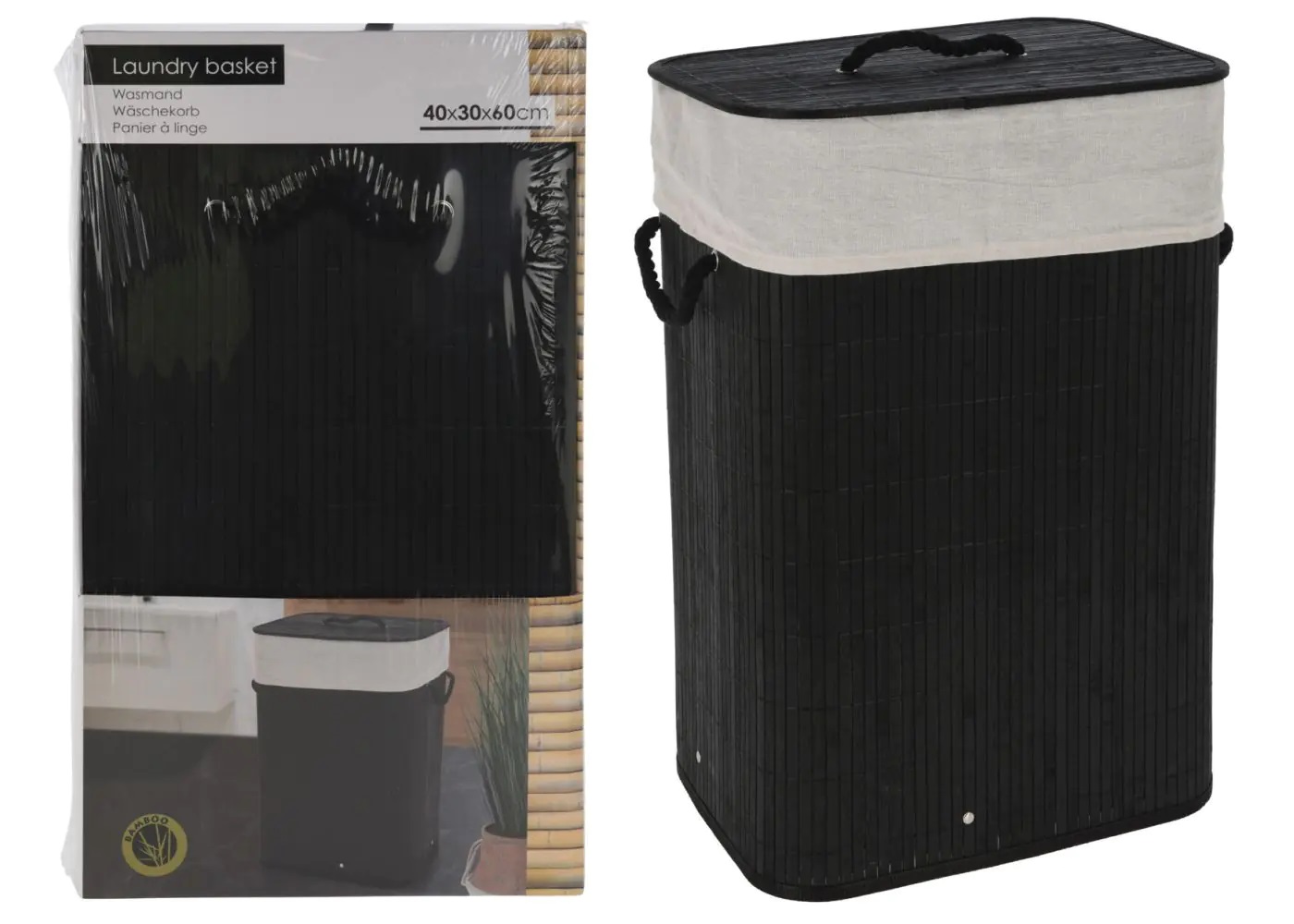 LAUNDRY BASKET BAMBOO FOLDABLE BLACK 40X30X60CM