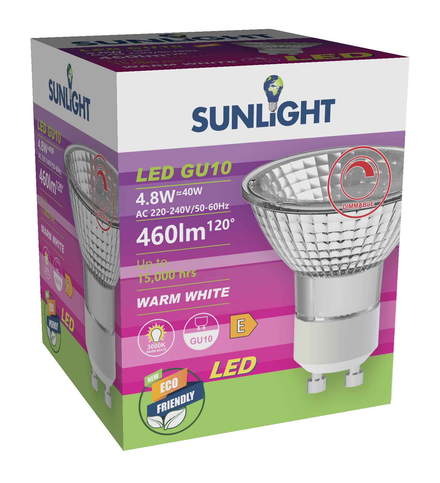 SUNLIGHT LED 4.8W LAMP GU10 GLASS 460LM 3000K 100° CLEAR DIMMABLE