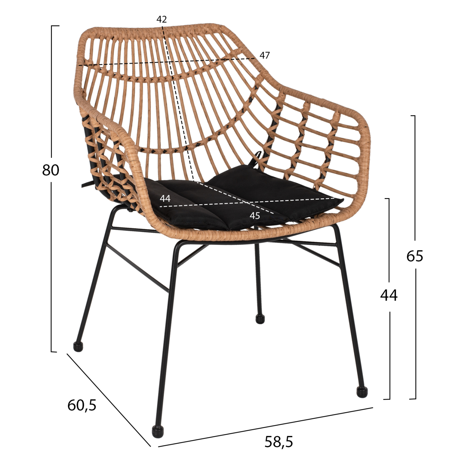 WICKER ARMCHAIR PROFESSIONAL BLACK METAL RATTAN BEIGE & CUSHION FB95864.01 58.5x60.5x80 cm.