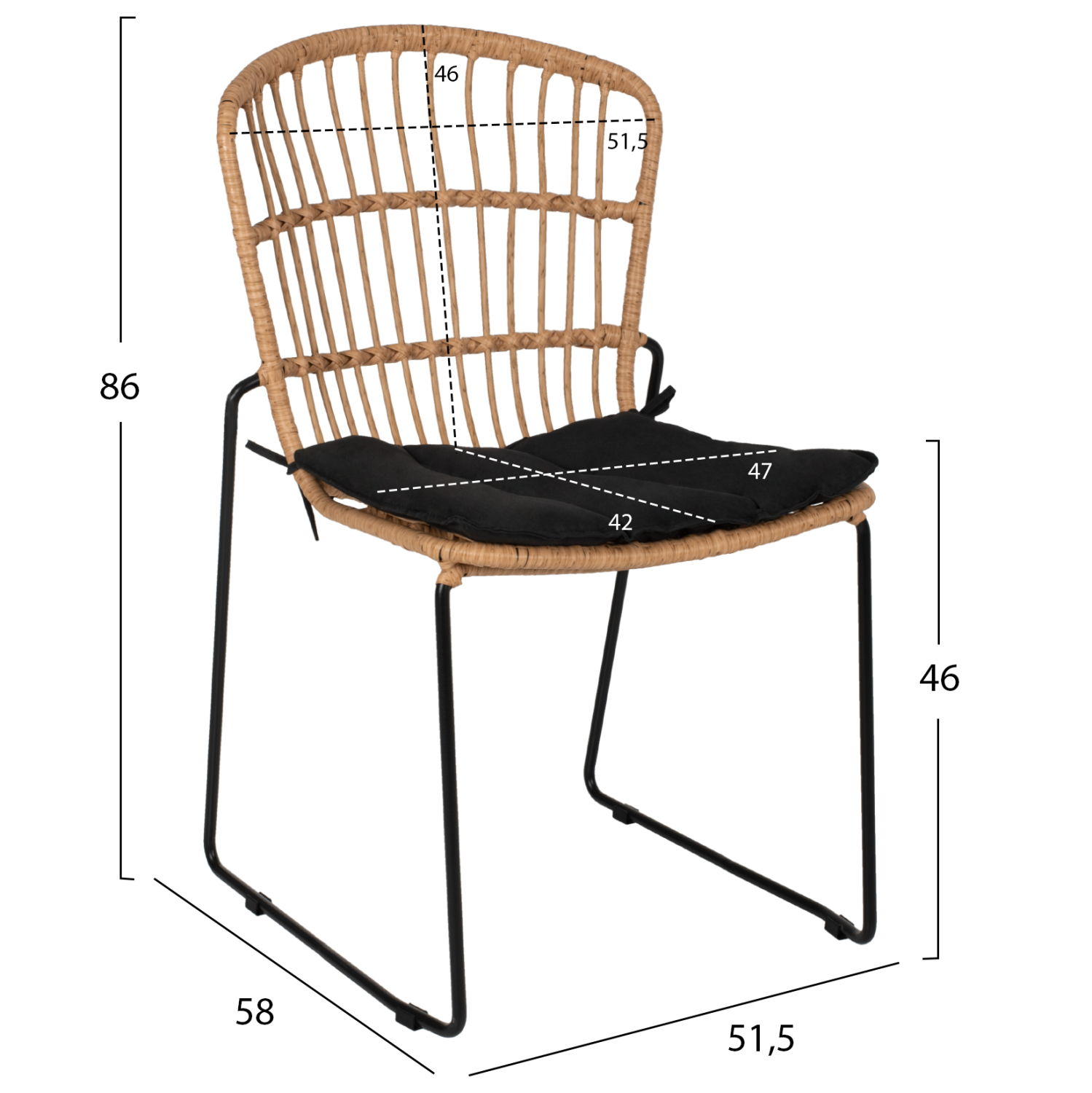 WICKER CHAIR PROFESSIONAL METAL FB95866.01 BLACK CUSHION BLACK RATTAN NATURAL 51.5x58x86Hcm.