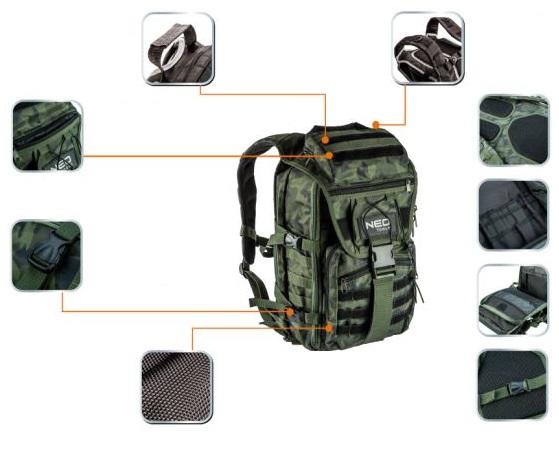 NEO CAMO BACKPACK 4 INSIDE AND 18 OUTSIDE POCKETS