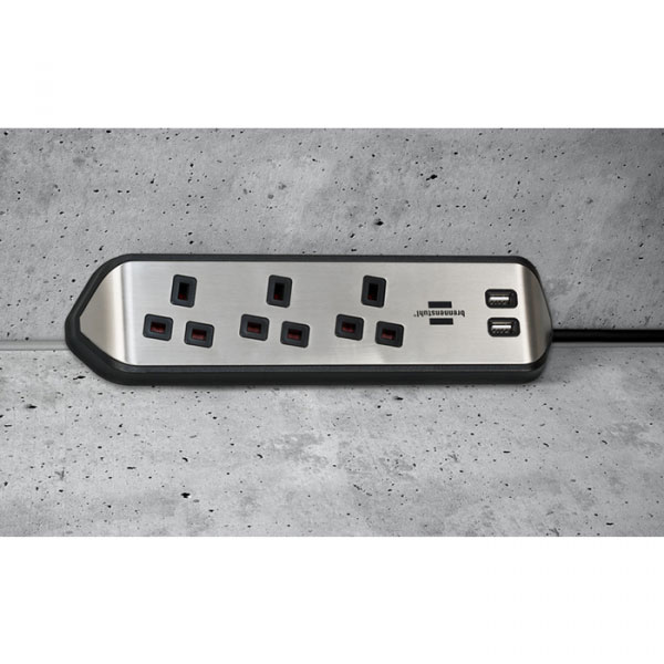 BRENNENSTUHL CORNER EXTENSION LEAD 3 WAY-2 USB BLACK