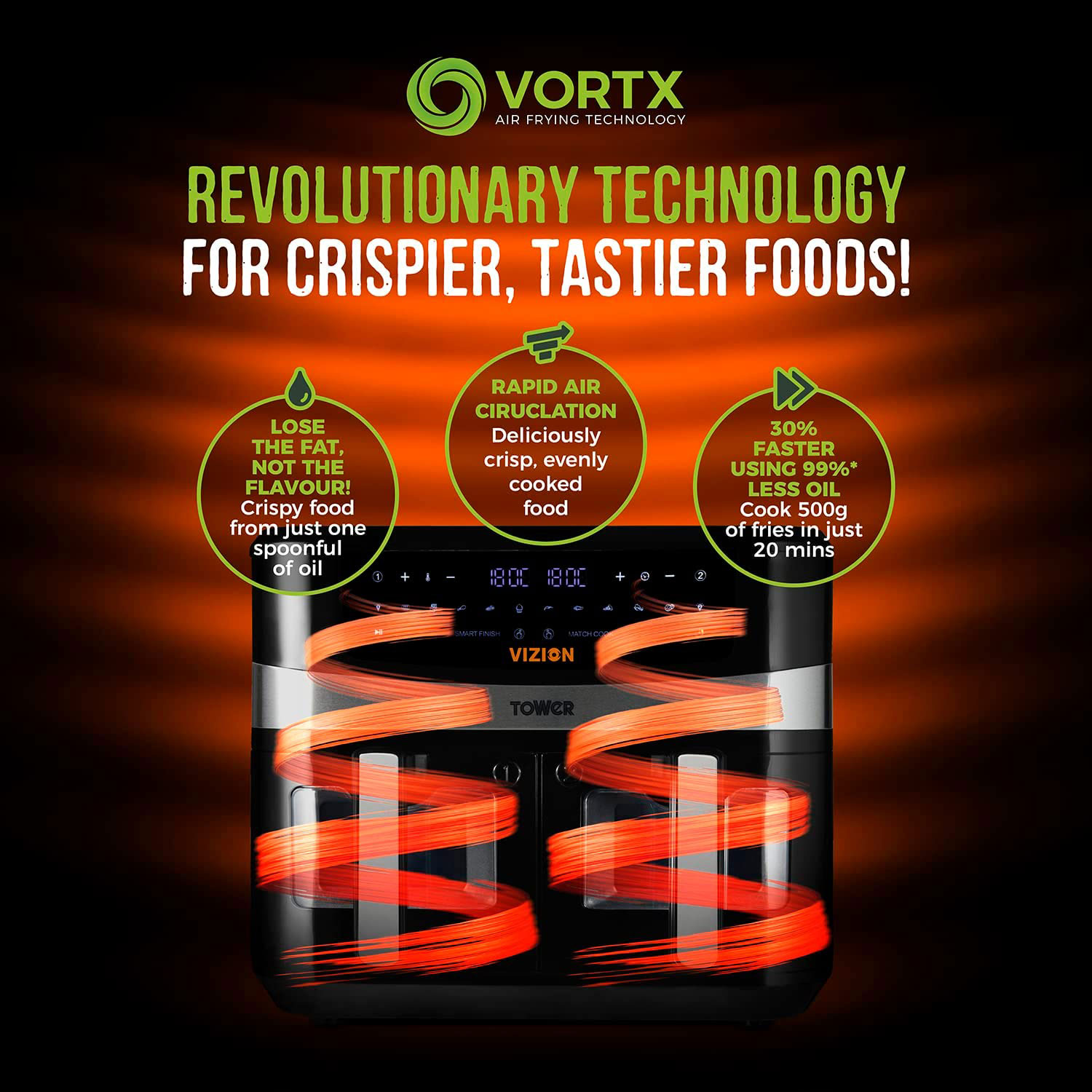 TOWER T17100 VORTX VIZION DUAL BASKET AIR FRYER 9L ‎2600W