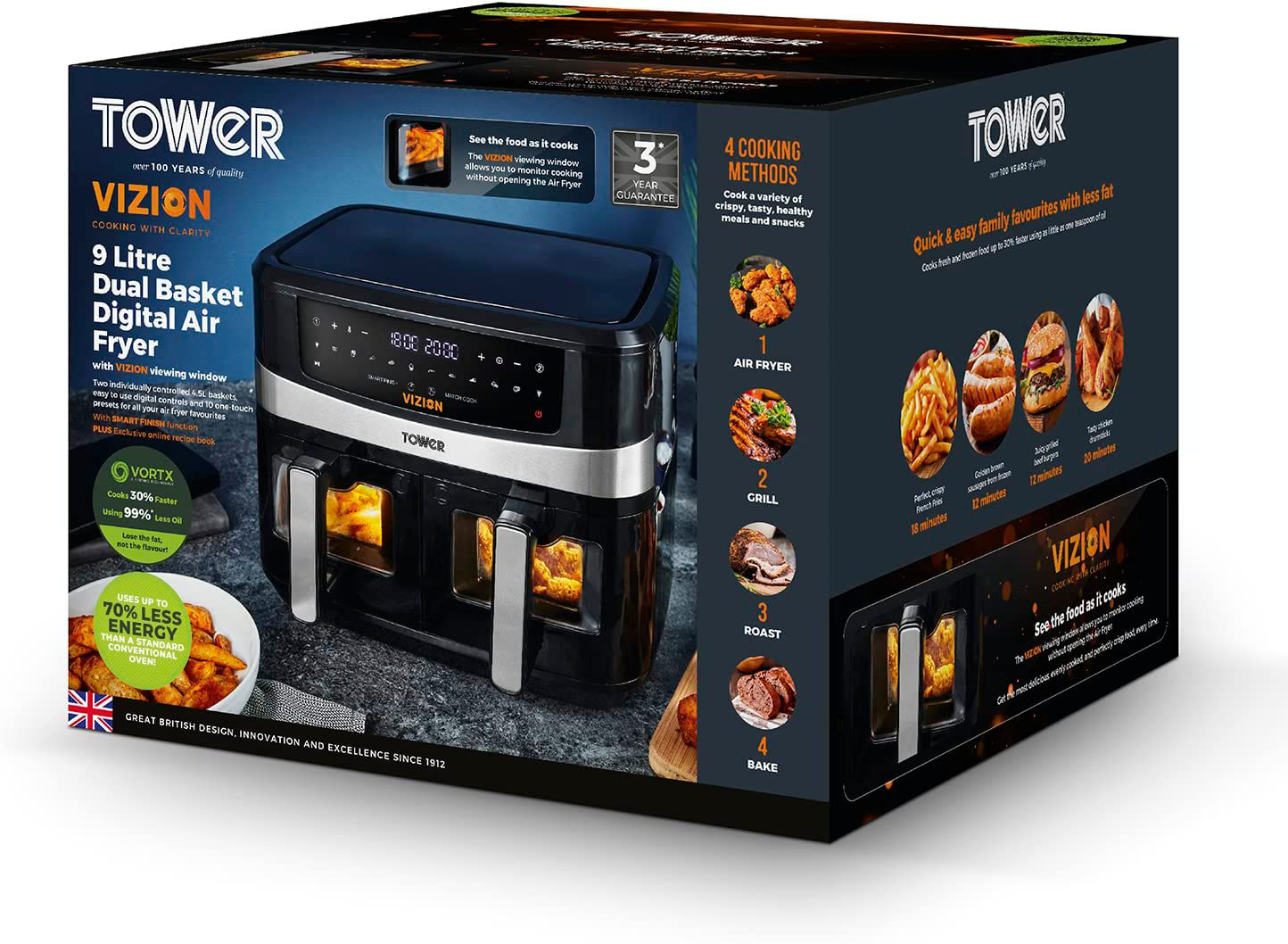 TOWER T17100 VORTX VIZION DUAL BASKET AIR FRYER 9L ‎2600W