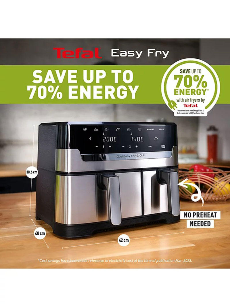 TEFAL EY905D EASY FRY AIR FRYER & GRILL 8.3L DUAL 5.2L+3.1L 1800W