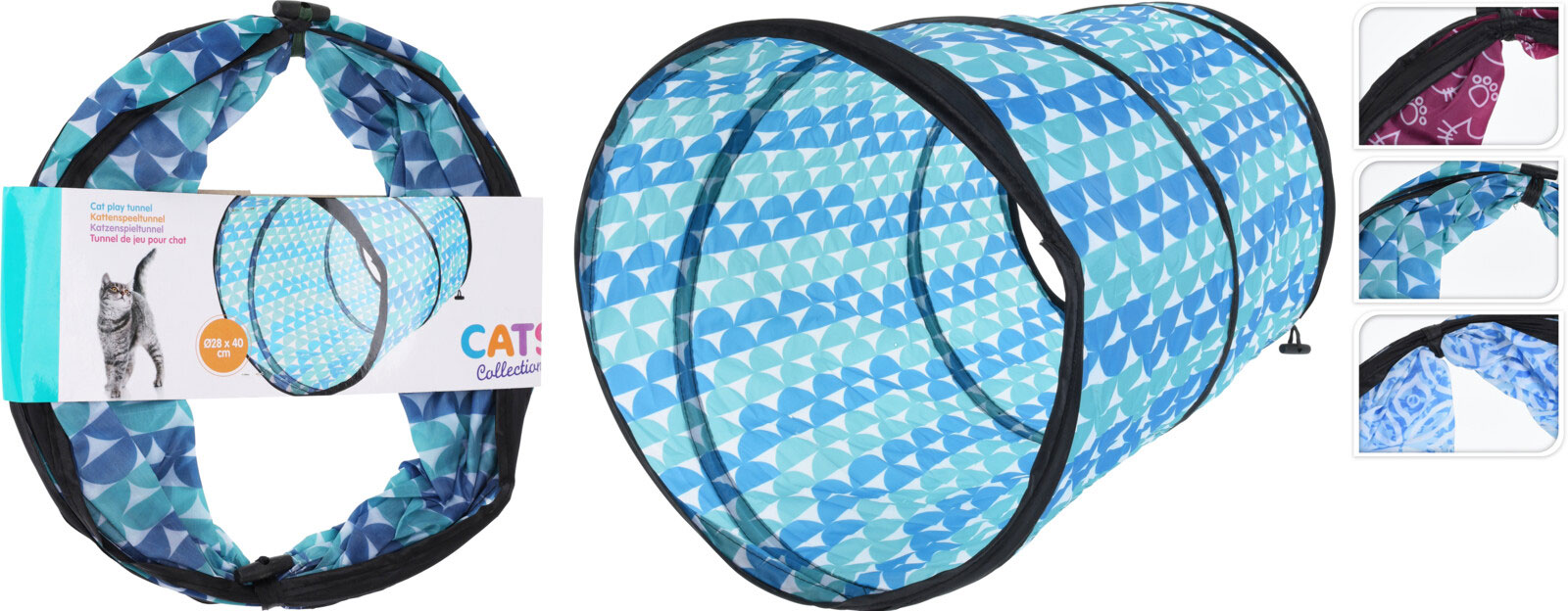 CAT TUNNEL POLYESTER DIA 28XL40CM 3 ASSORTED DESIGNS