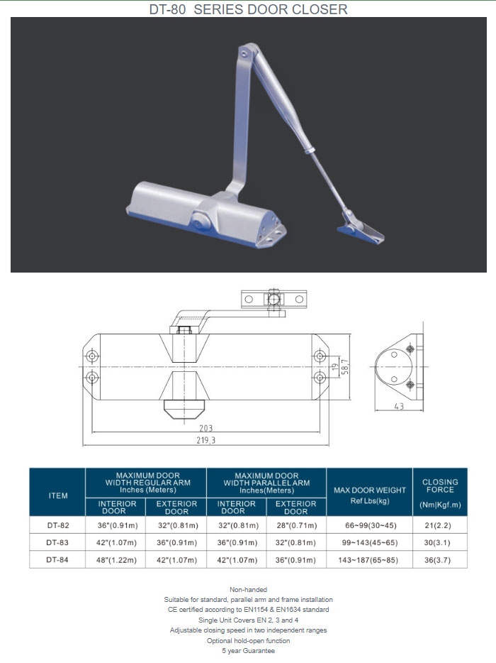 DOOR CLOSER DT-83 EN3 FIRE SILVER