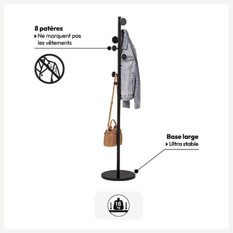 FIVE COAT RACK WITH 8 ROUND HOOKS - BLACK