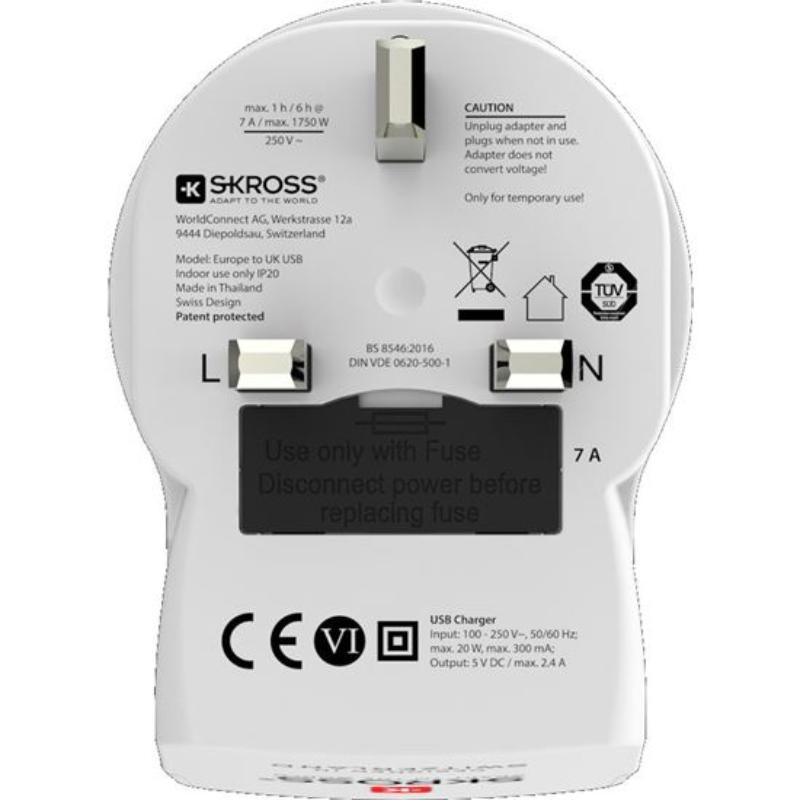 SKROSS UK USB TRAVEL ADAPTER - WHITE